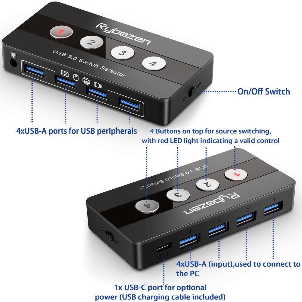 USB 3.0 Switch Selector, 4 Port KVM Switch USB Peripheral Switcher Box, 4 Comput