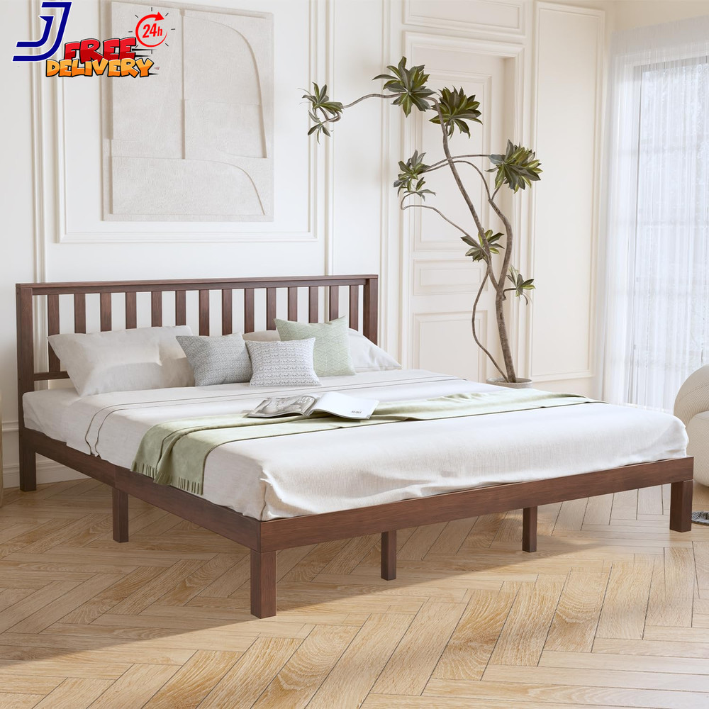 King Size Bed Frame and Headboard Mid Century Modern Platform Bed Solid Wood