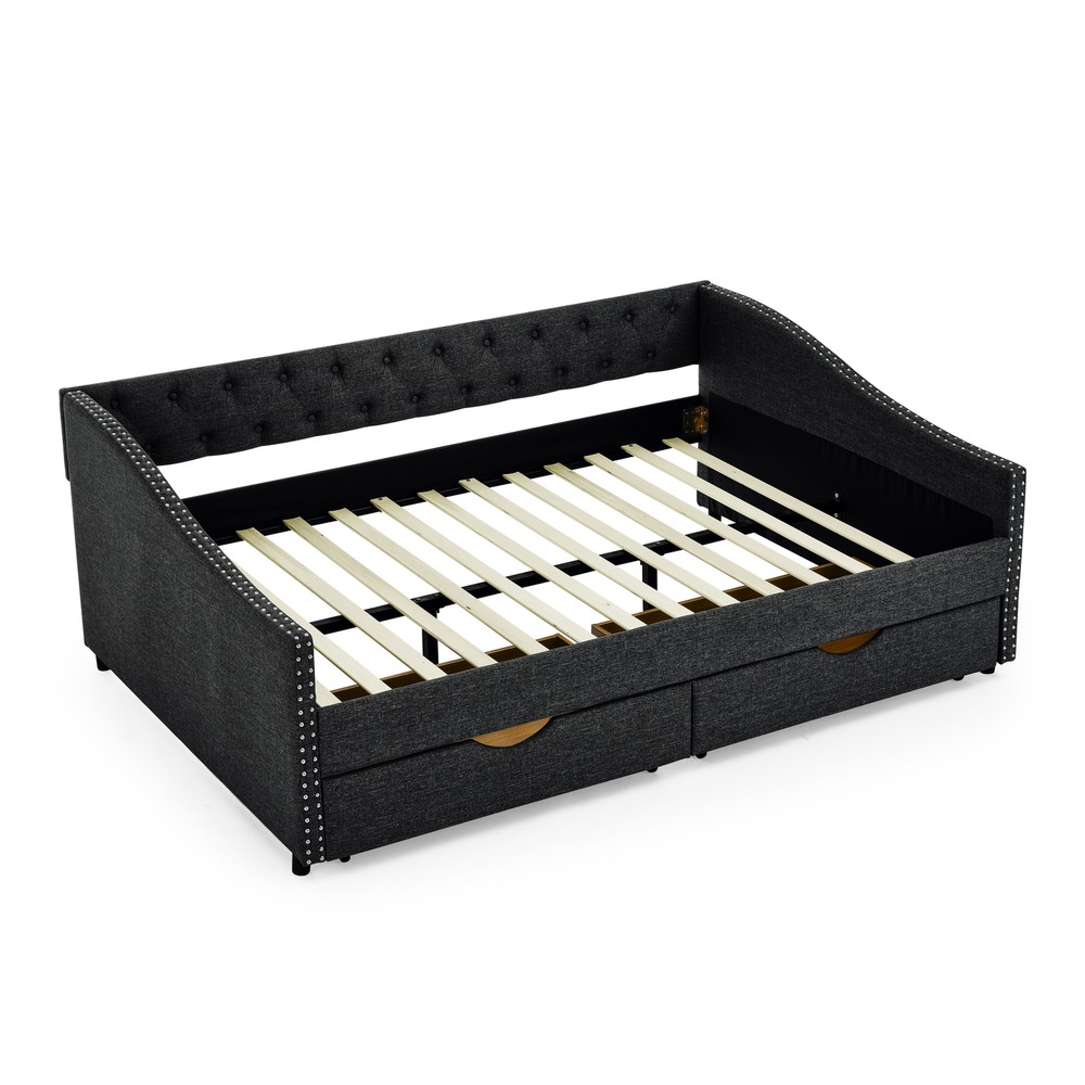 Full Size Daybed with Drawers Upholstered Tufted Sofa Bed, with Button on Back a