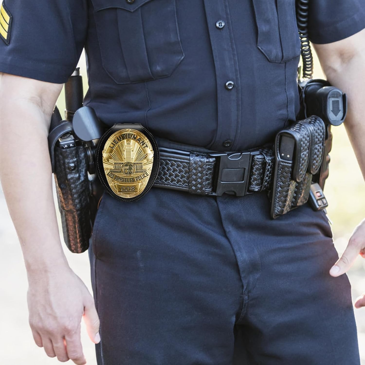 Police Badge Holder, Cowhide Law Enforcement Badge Holder with Metal Belt Clip