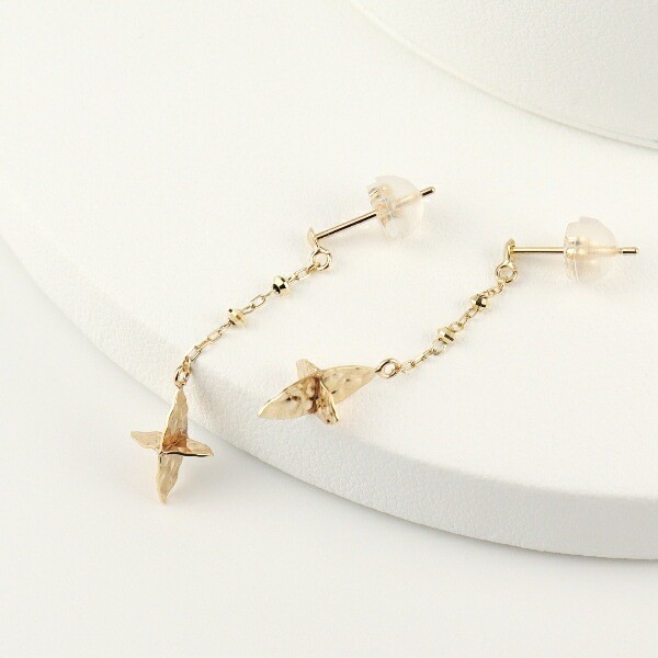 K10 Gold Hammered Cross Chain Stud Earrings (Pair)