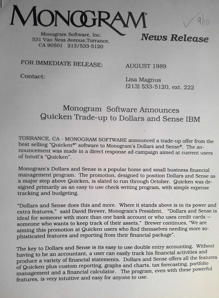 Dollars and Sense, by Monogram Software - Press Kit, 1989
