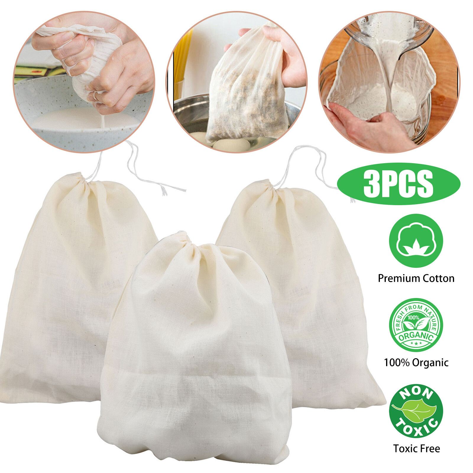 3PCS Organic Cotton Nut Milk Bag Reusable Food Strainer Brew Coffee Cheese Cloth