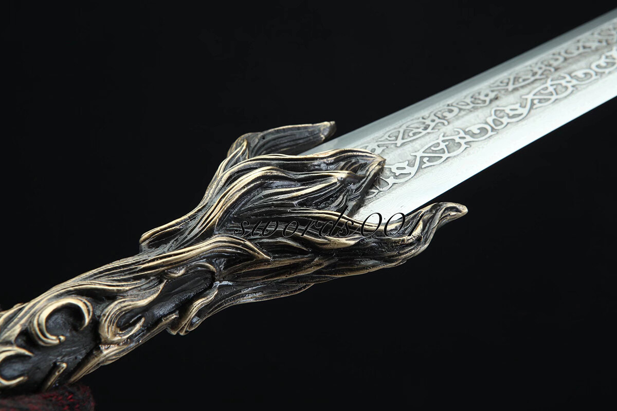 Handmade Exquisite Brass Handle Short Sword Damascus Steel Blade Leather Sheath