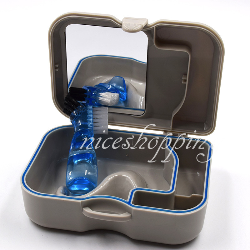1x Denture Storage Case Mirror & Brush Denture Box Cleaning Bath Appliance