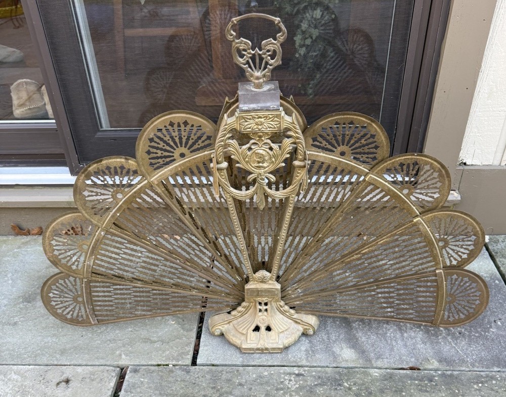 Vintage MCM Deco Solid Brass Peacock Fan Folding Fireplace Screen - Wow !