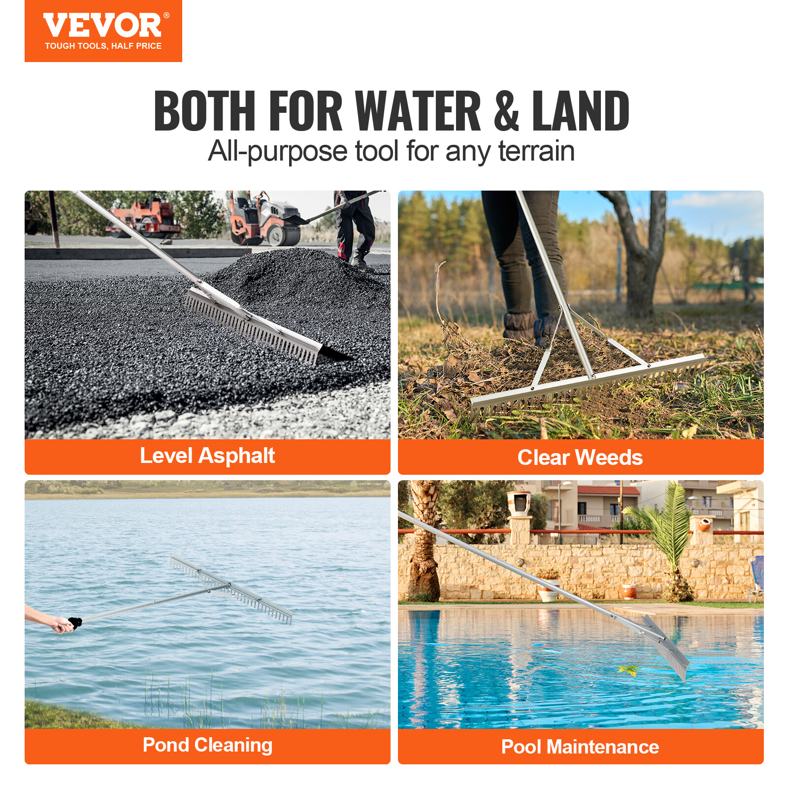 VEVOR Landscape Rake 36" Head Aluminum Landscape Rake 75" Adjustable Handle