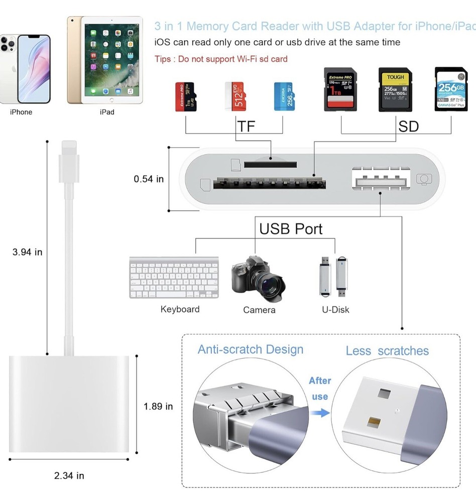 3 in 1 Card Camera Reader and USB Camera Adapter Open Box - A0023