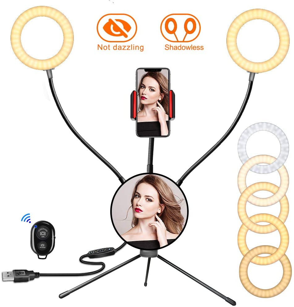Double 5 inch Ring Light with Mirror, Phone Holder