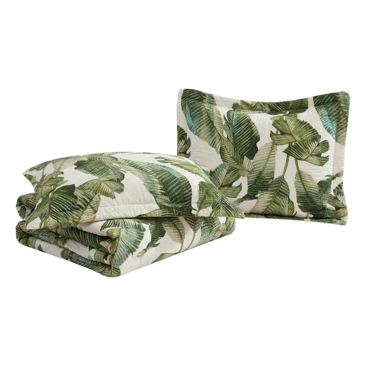 Queen Quilt Set Green Coastal Botanical Tropical Floral Bahama Exotic Leaves 3Pc