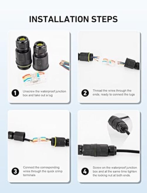 3-Pack Junction Box with 3 Pin Electrical Cable Connectors, IP68 Waterproof,