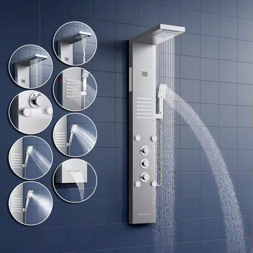 55 In. 6-Jet LED Rainfall Waterfall Shower Panel System with Adjustable Hand Bod