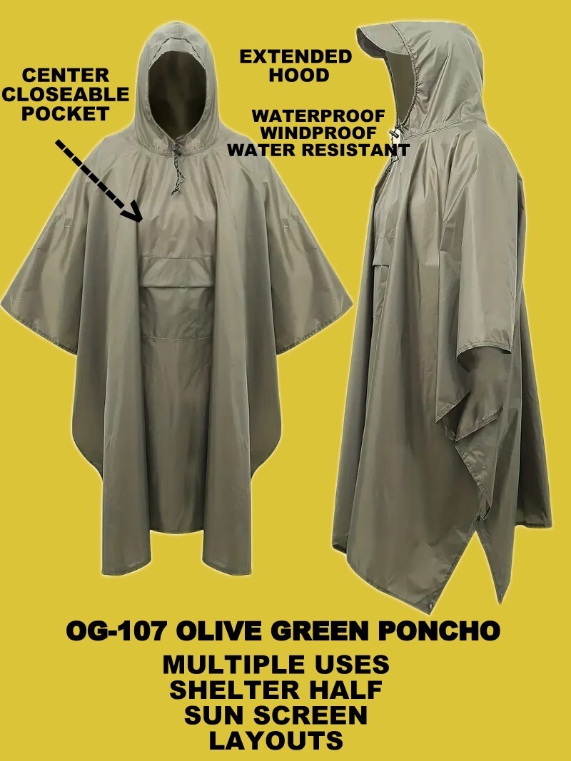 NEW WATERPROOF  OG-107 OLIVE GREEN MILITARY PONCHO WET WEATHER SHELTER HALF