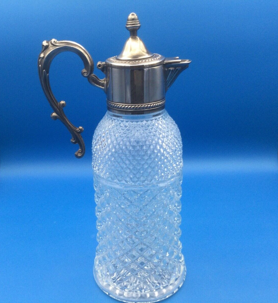 Pitcher Italian Heavy Crystal Diamond Pattern Silver Plated Top Decanter 13"