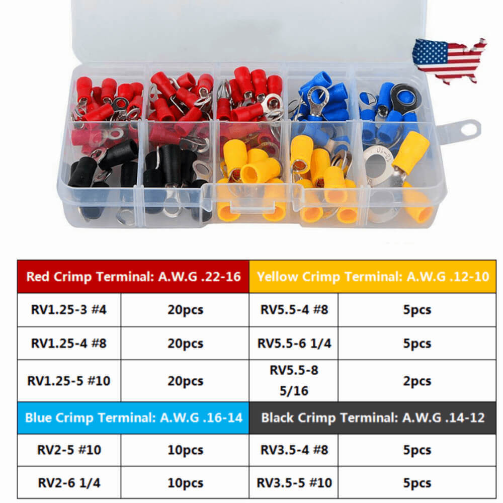 Assorted Vinyl Insulated Ring Crimp Terminal Electrical Wire Connectors 102Pcs