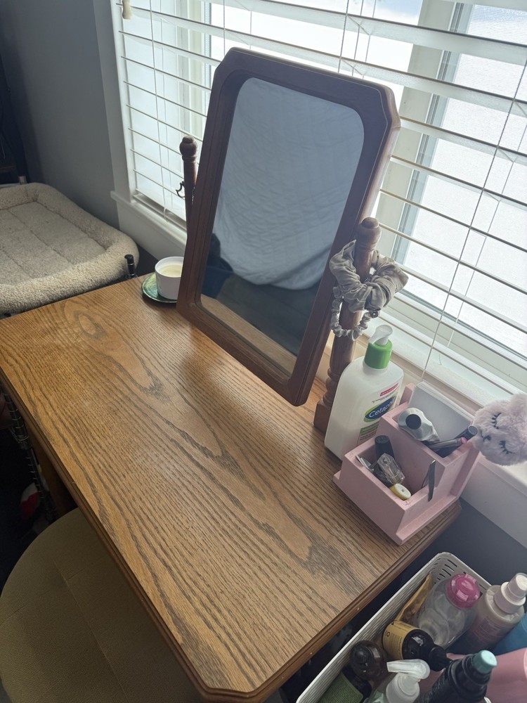Brown Wooden Vanity Table with Rectangular Mirror, 1 Drawer