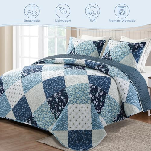 Reversible Boho Quilt Set King Size, 3 Pieces Patchwork Blue All Season