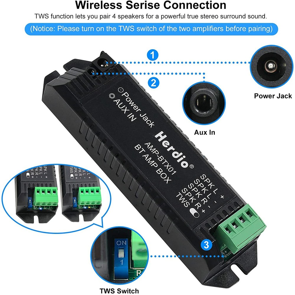 12V 3A Adapter+Herdio AMP BT AMP Box Amplifier for Bluetooth Ceiling Speaker US