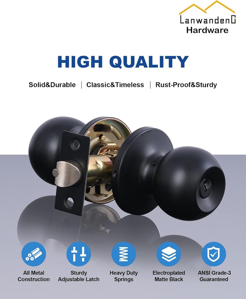 Lanwandeng Matte Black Door Knobs with Lock and Keys, 1 Pack, Entry Keys