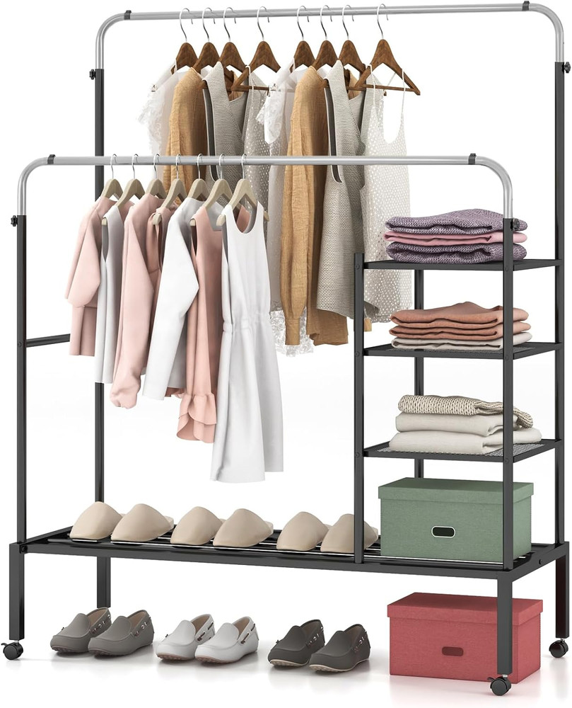 Sturdy Adjustable Rolling Garment Rack with Lockable Wheels & Shelves