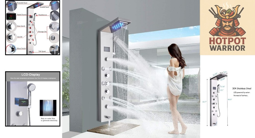 Brushed Nickel 6-Function Shower Tower with Rainfall LED Shower Head & Spa Jets
