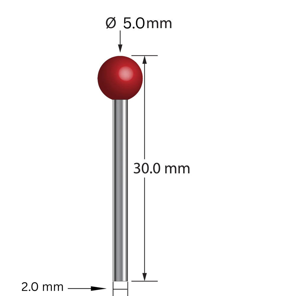 Precision CMM Stylus, Threadless - 5.0mm Ruby Tip, 2.0mm Shaft, 30mm Length