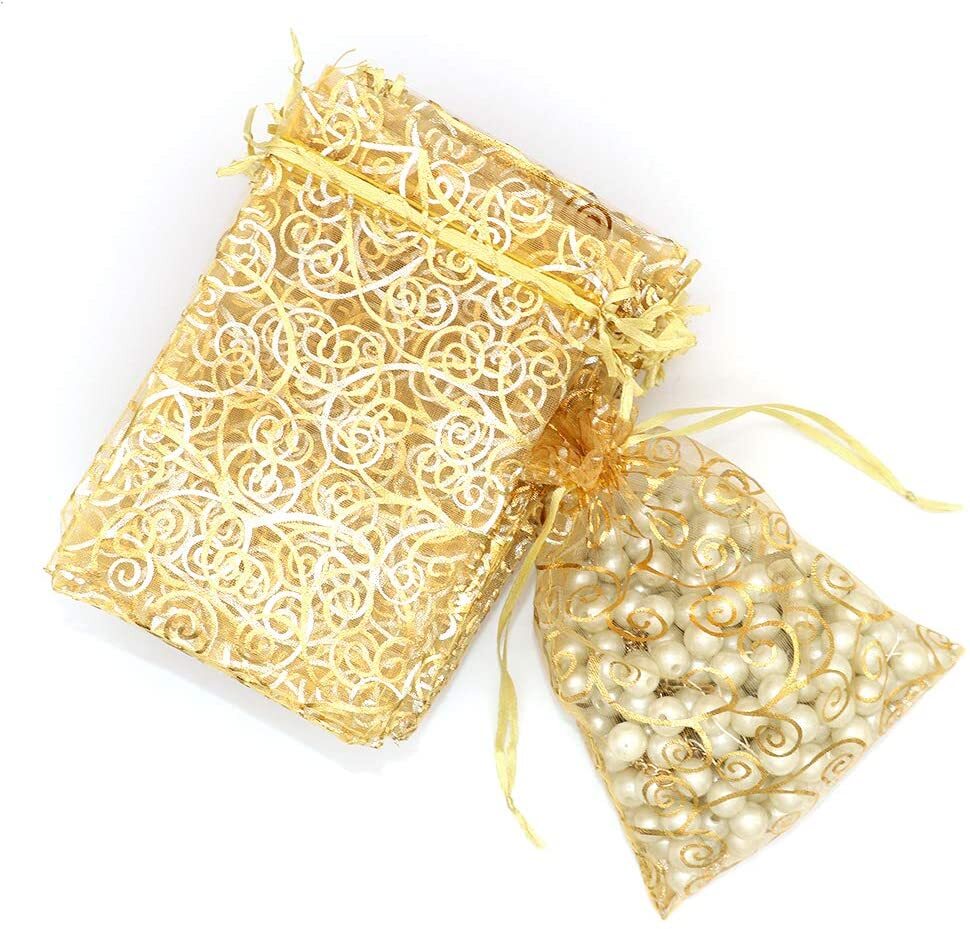 100x Gold Sheer Organza Bags 4x5 Inch Mesh Jewelry Favor Drawstring Gifts Bags