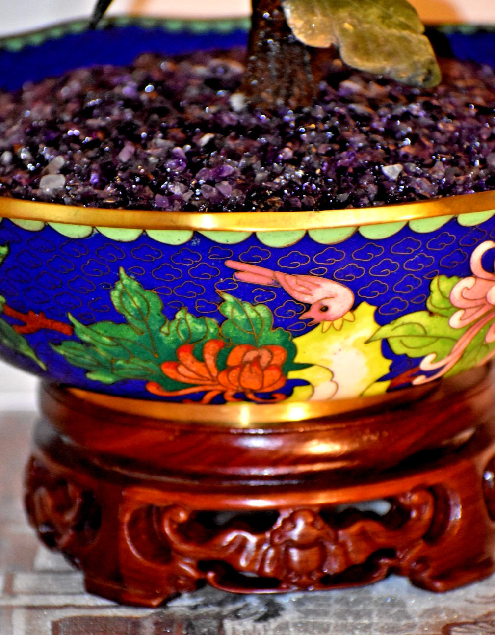 15" VINTAGE BONSAI PEKING JADE TREE IN 8" BLUE CLOISONNE BOWL W/SOLID EBONY BASE