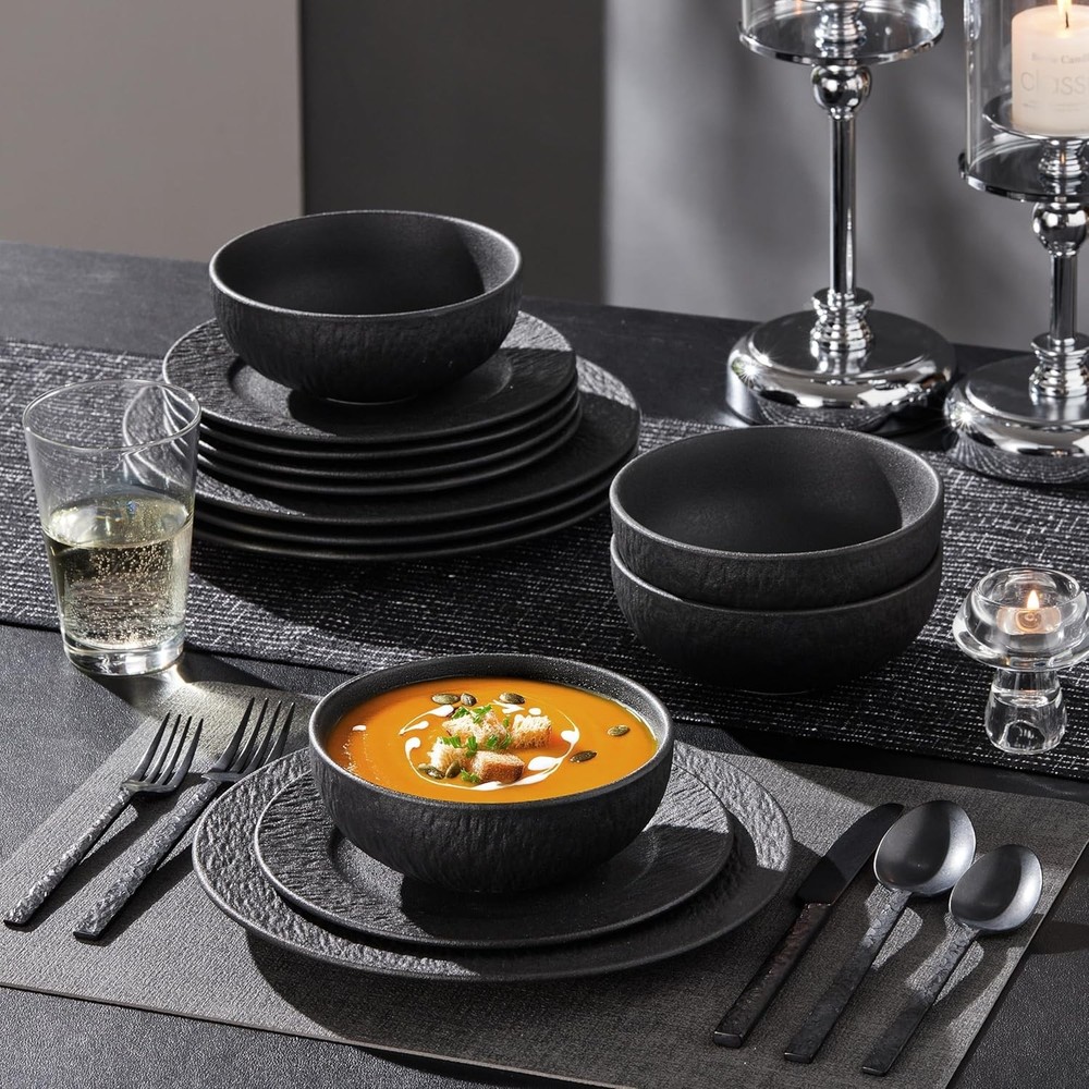 KINGSTONE Black Dinnerware Sets, 12-Piece Matte Marble Pattern Premium Porcelain