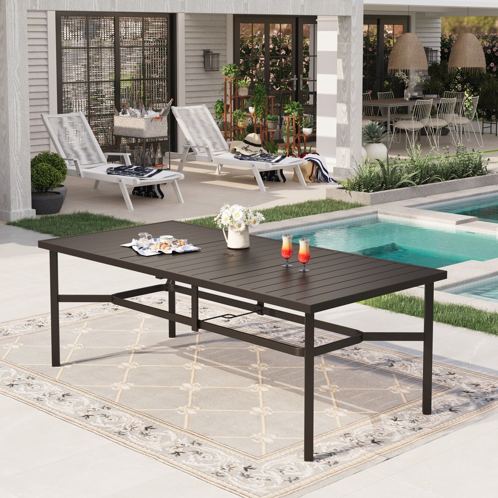 Outdoor Patio Table Rectangular Dining Table with Umbrella Hole for 8 Person