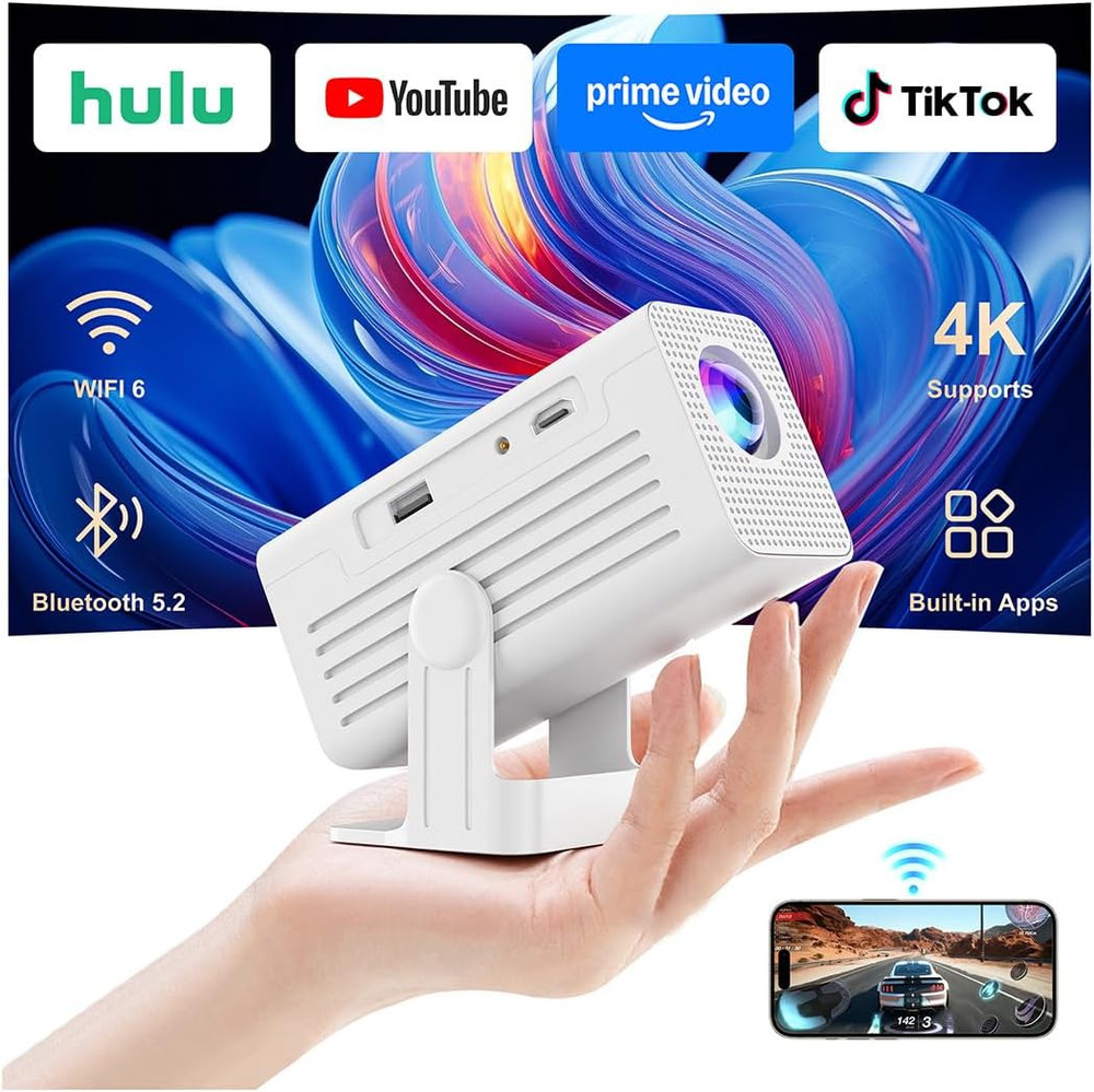 [Smart Projector with Apps] 4K Supported Mini Projector with Wifi and Bluetooth,