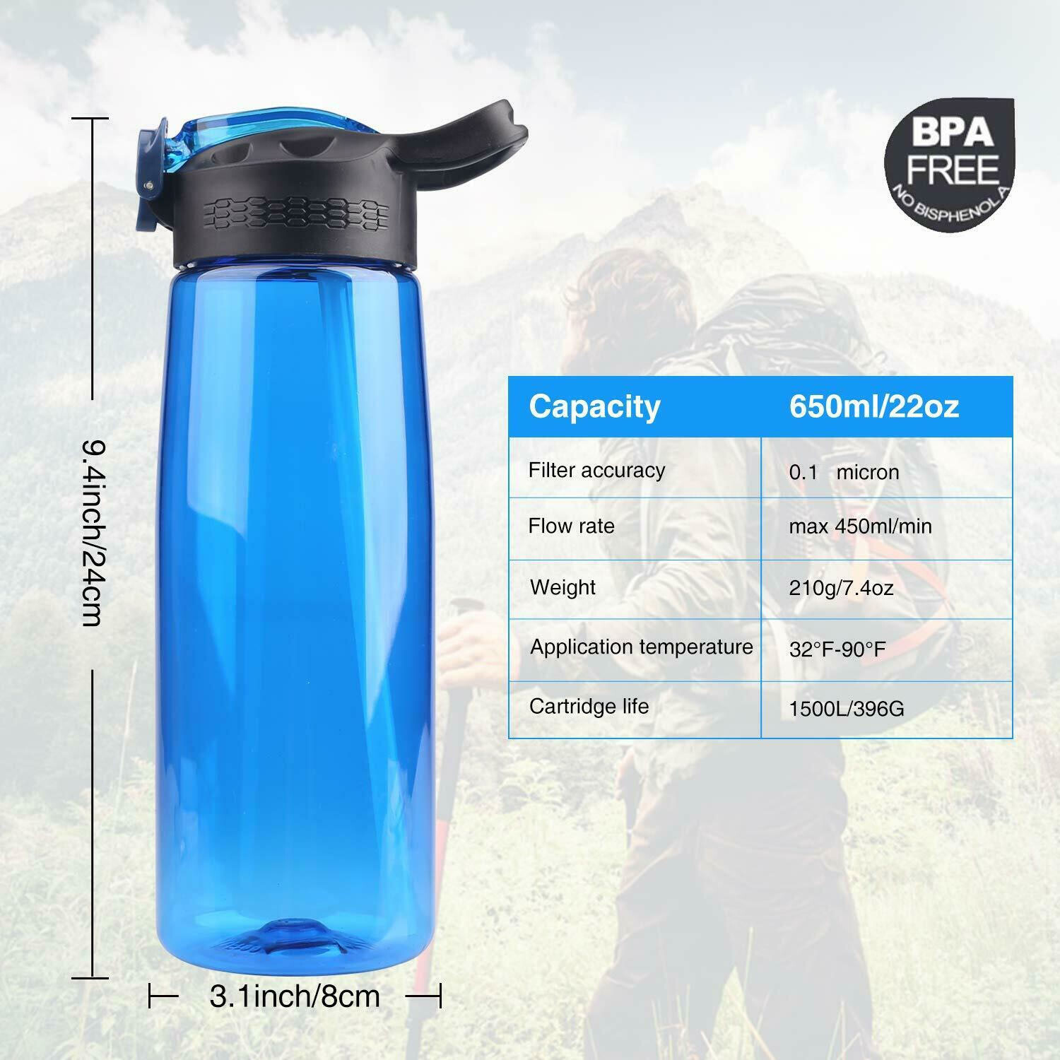 Water Filter Bottle Integrated Straw Purifier Outdoor Camping Hiking 650ml/22oz