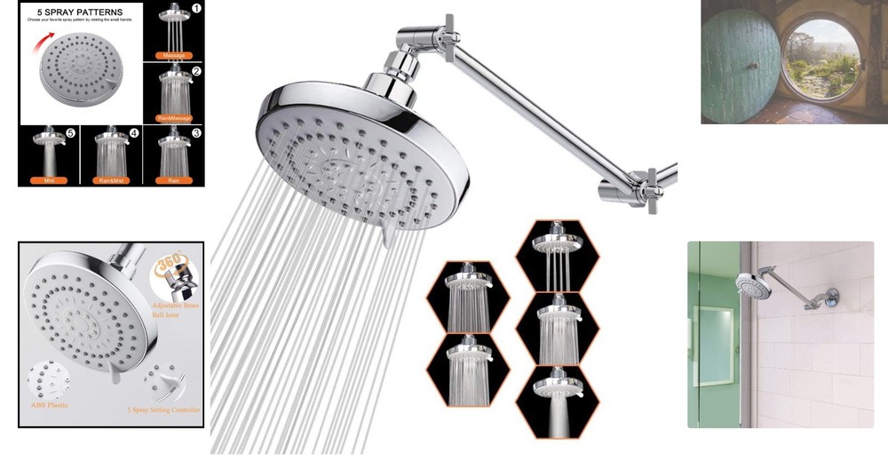 5-Function High-Pressure Shower Head with 11-Inch Adjustable Arm, Quick Install