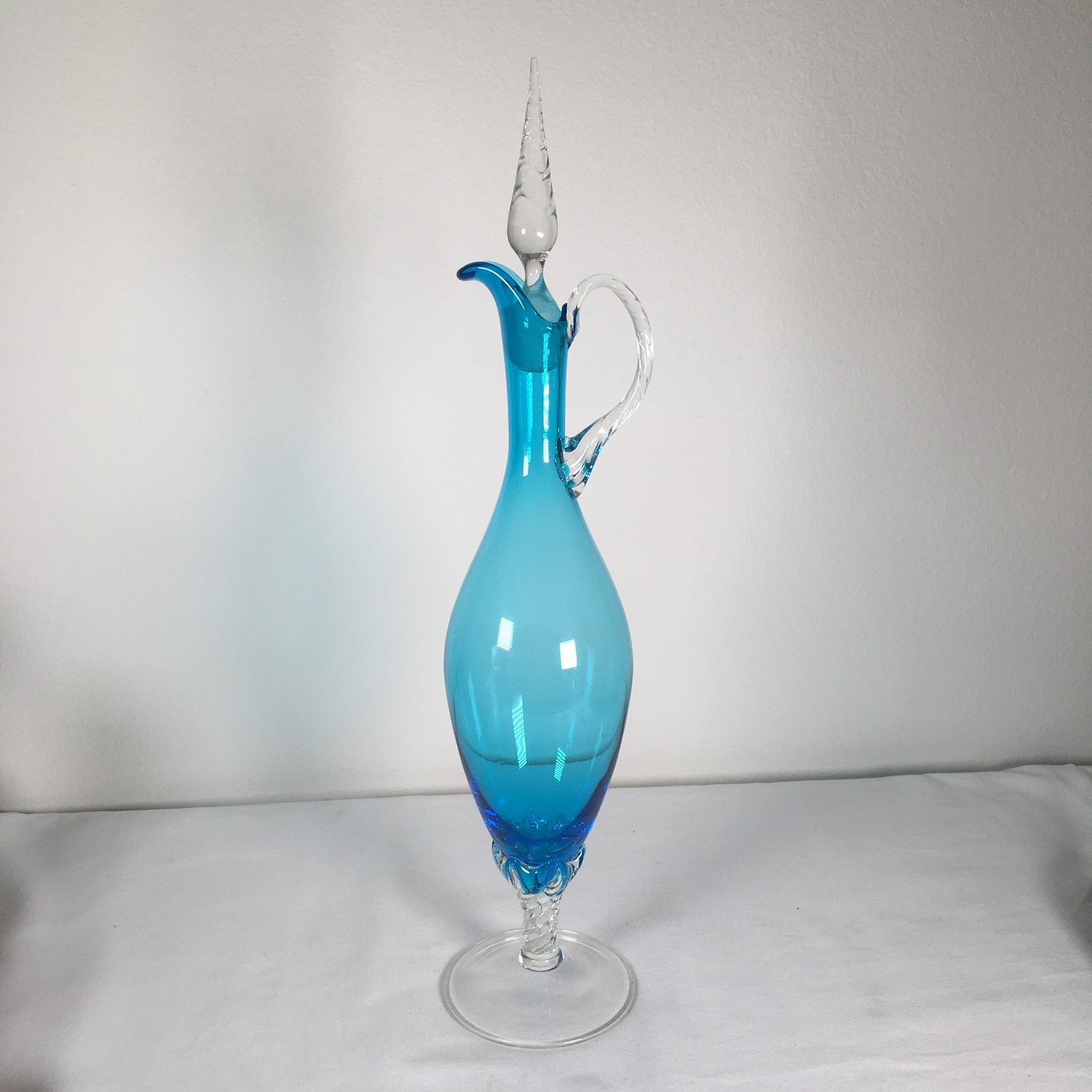 Vintage MCM Empoli Turquoise Glass Decanter w/Clear Flame Glass Stopper 20"