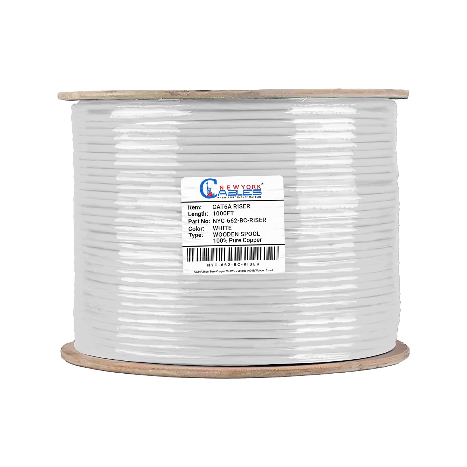 CAT6A Riser 1000ft Ethernet Cable Solid Bare Copper CMR 750Mhz UTP Bulk Blue