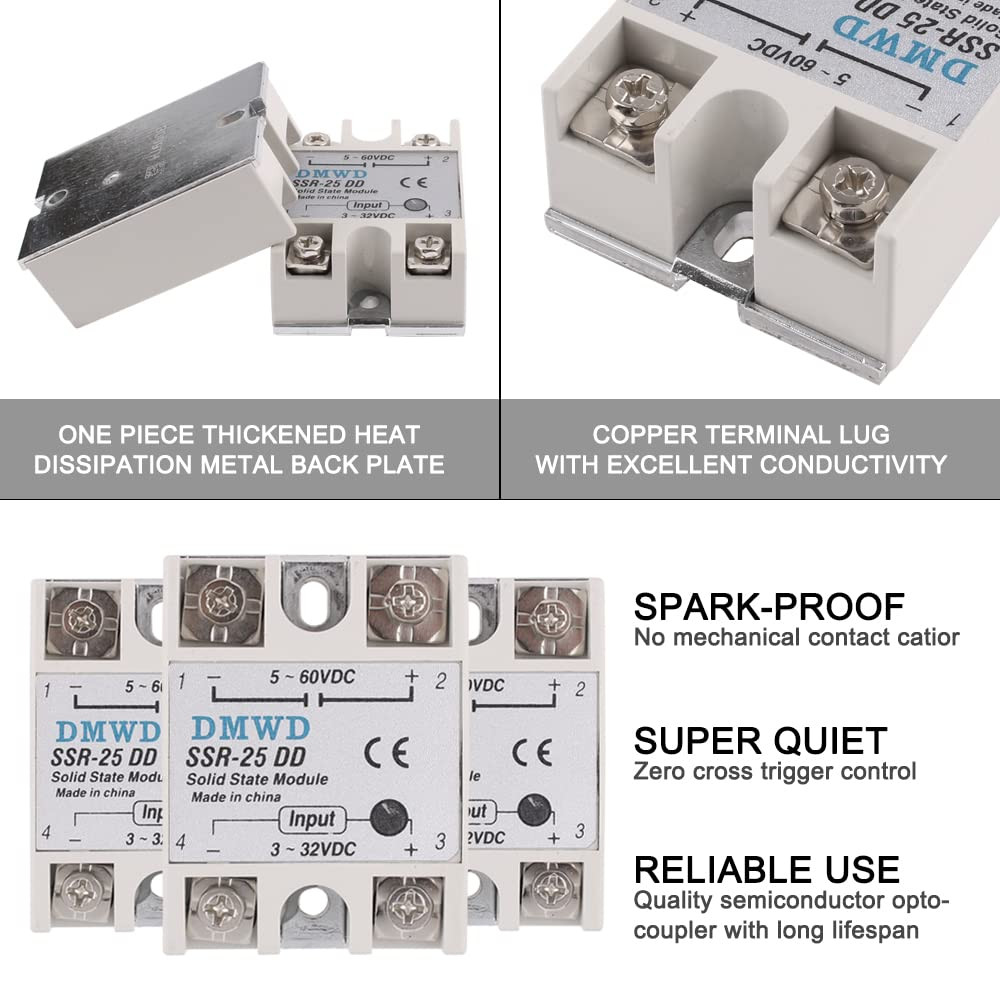 SSR-25DD Solid State Relay DC to DC (Input 3-32V DC Output 5-60V DC) with Hea...