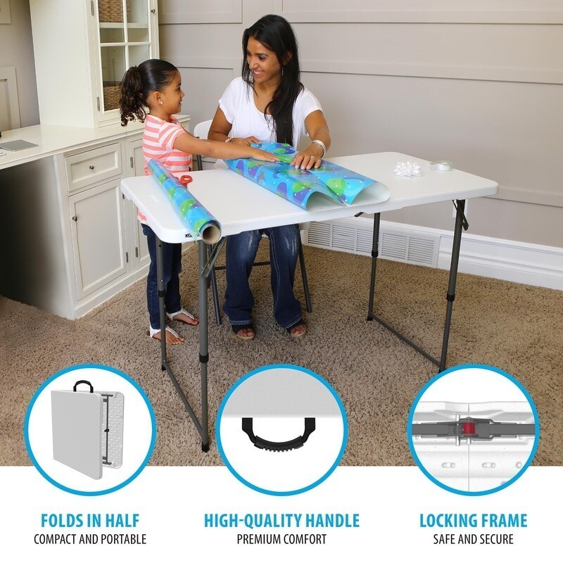 Foldable Adjustable Height Table Portable Indoor Outdoor Sturdy Frame 4ft Table