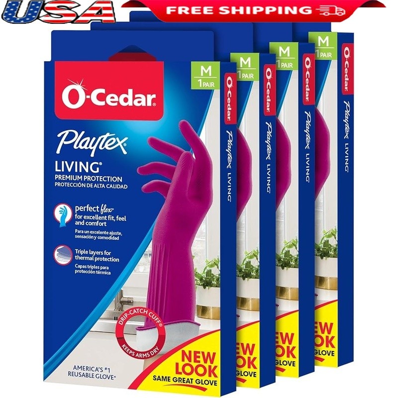 Triple Layer Rubber Gloves Reusable W/ Drip Catch Cuff Textured Grip Medium Pack