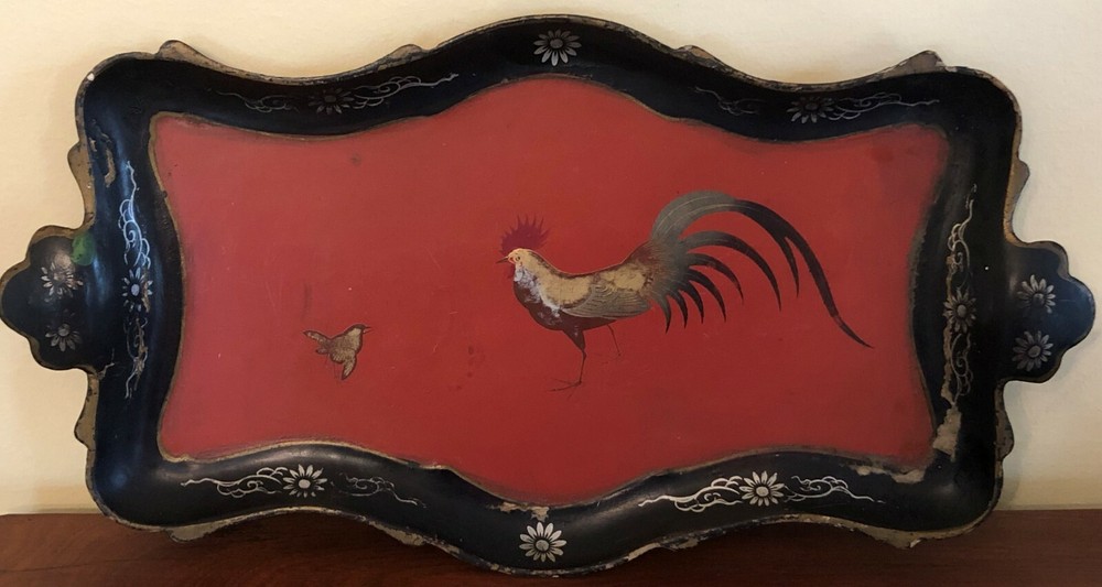 Antique Japanese Laquerware Rectangular Tray With Hand Painted Rooster
