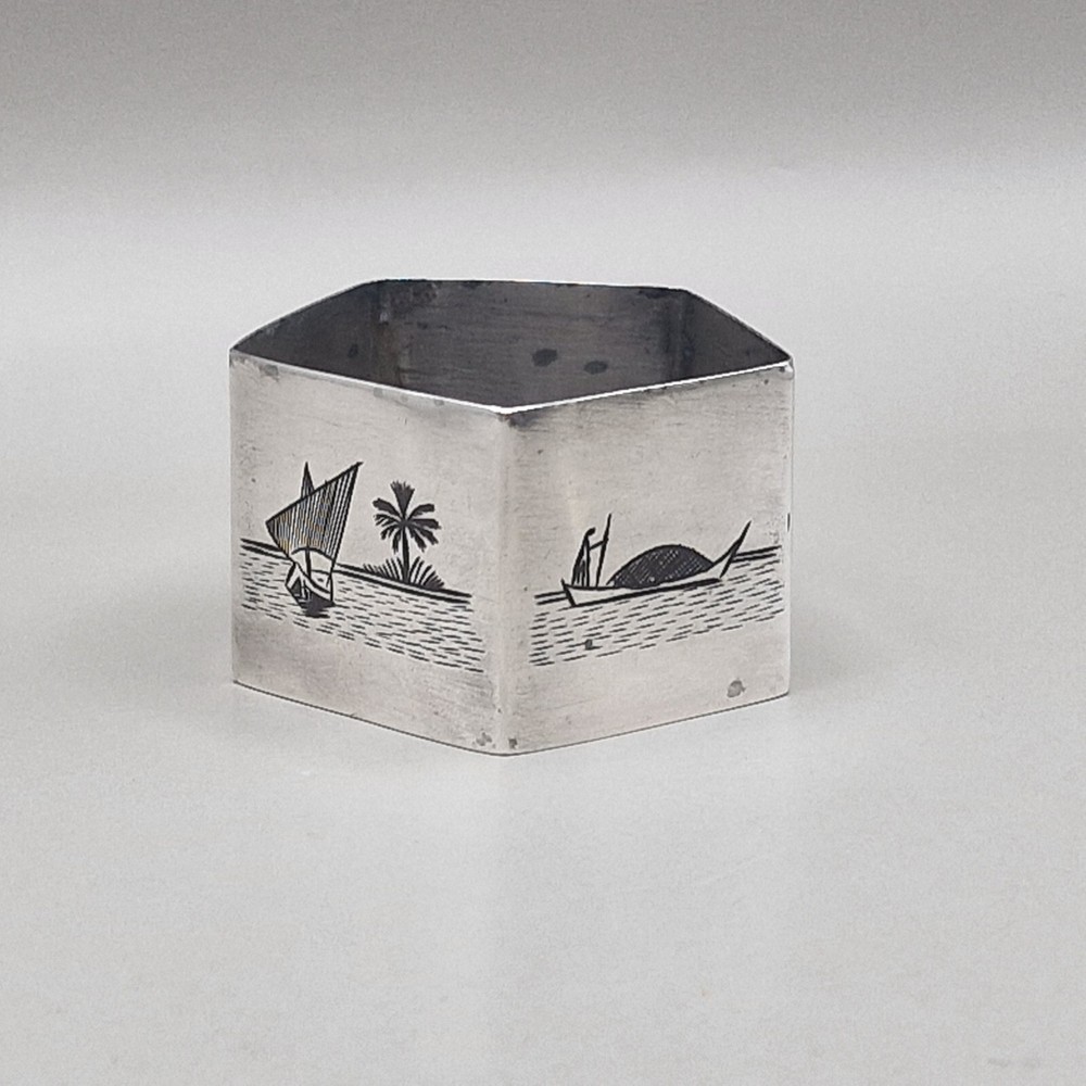 Persian Sterling Silver and Niello Hexagonal Napkin Ring