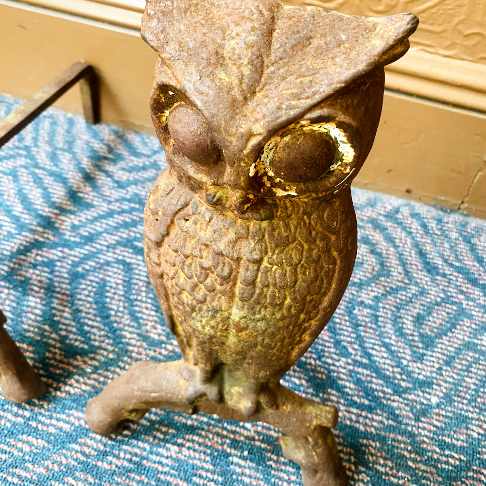 Antique Cast Iron Owl Fireplace Andirons