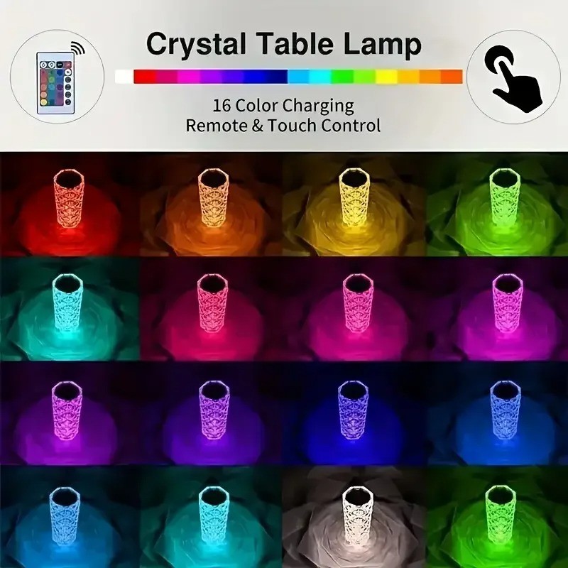 LED Crystal Rose Table Lamp Dimmable Touch Night Light USB Rechargeable