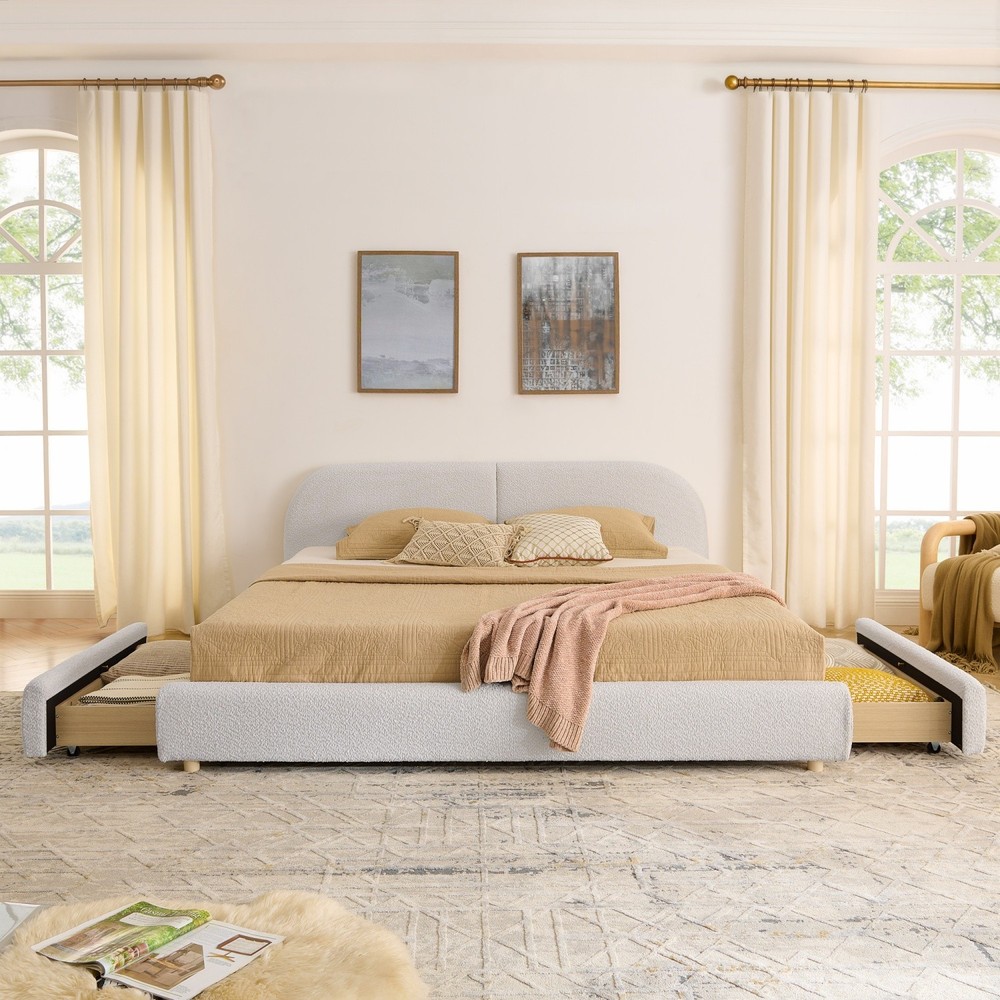 King Size Upholstered Platform Bed Frame with Headboard and 4 Storage Drawers