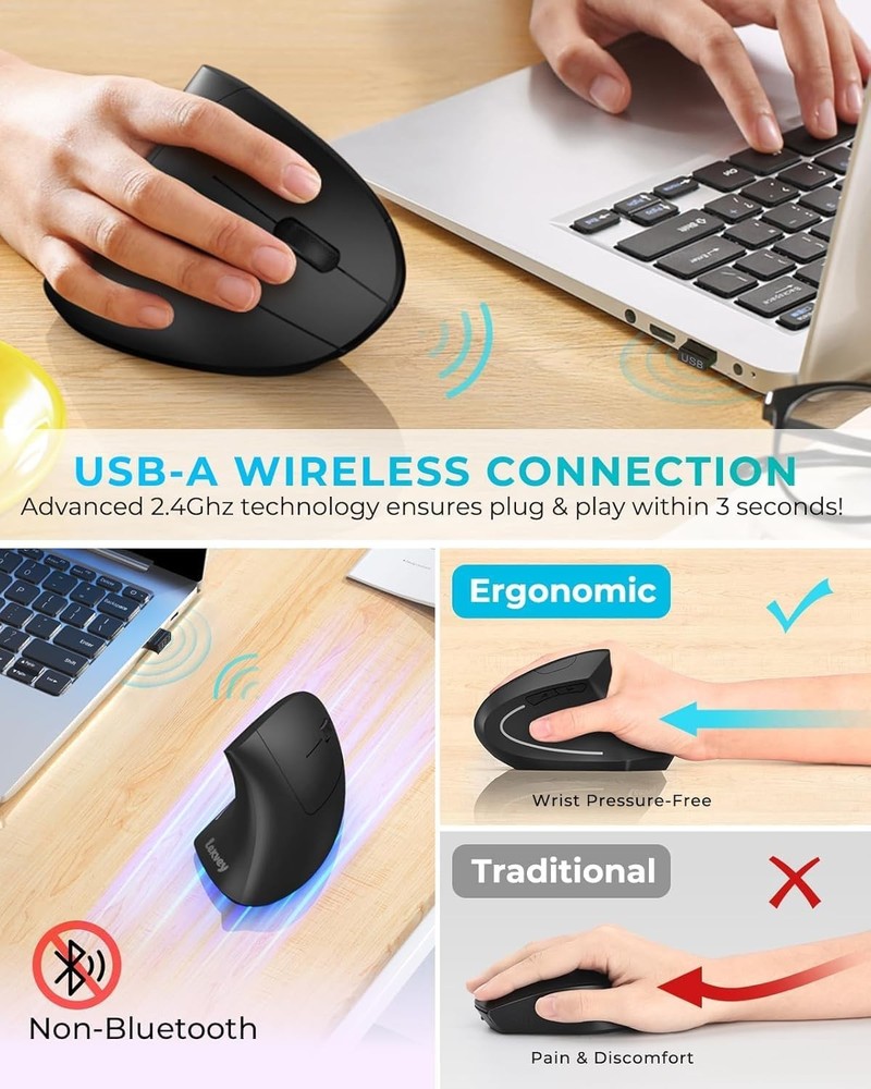 Lekvey Ergonomic Mouse, Vertical Wireless Mouse: Rechargeable Classic Black