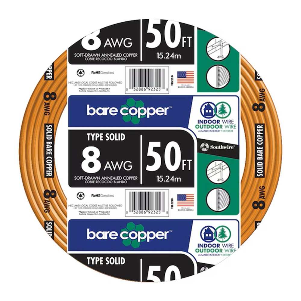 Southwire 8-Gauge Bare Copper Wire – Solid Soft‑Drawn 50 ft,
