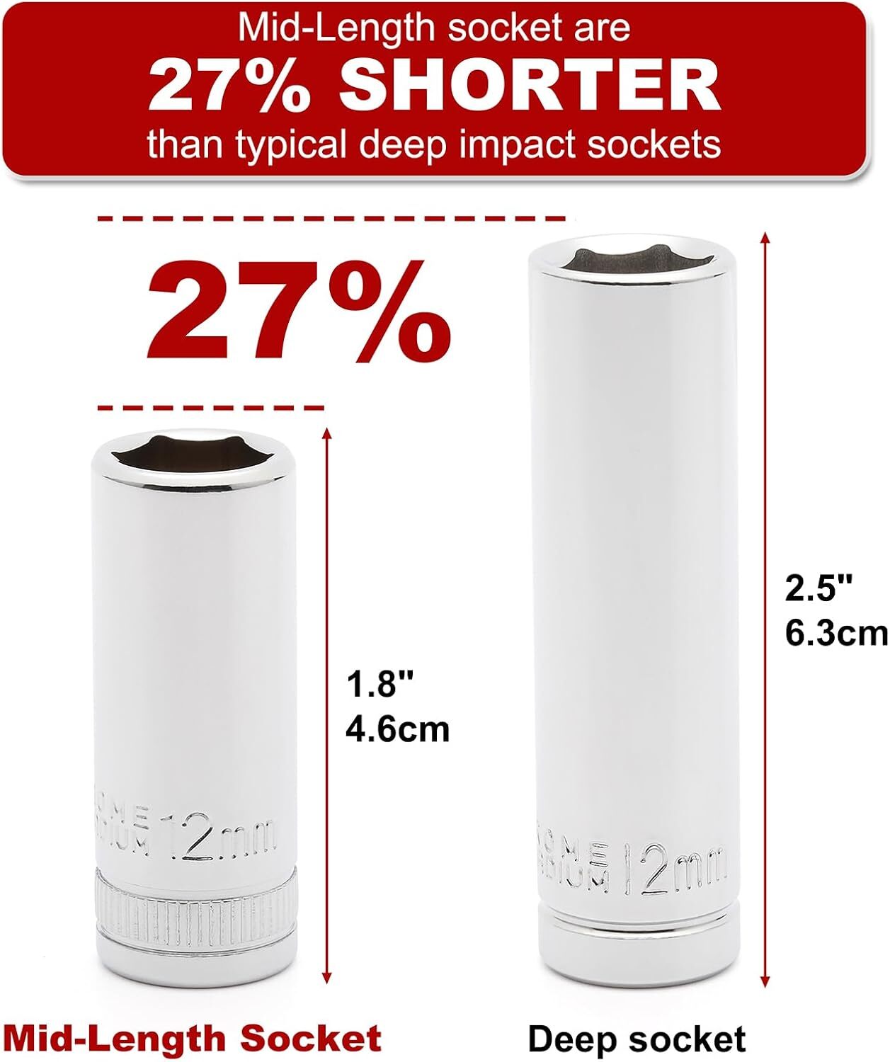 3/8" Drive Metric Deep Impact Socket Set Mid-Length 6-19 mm 14PCS 6 Point