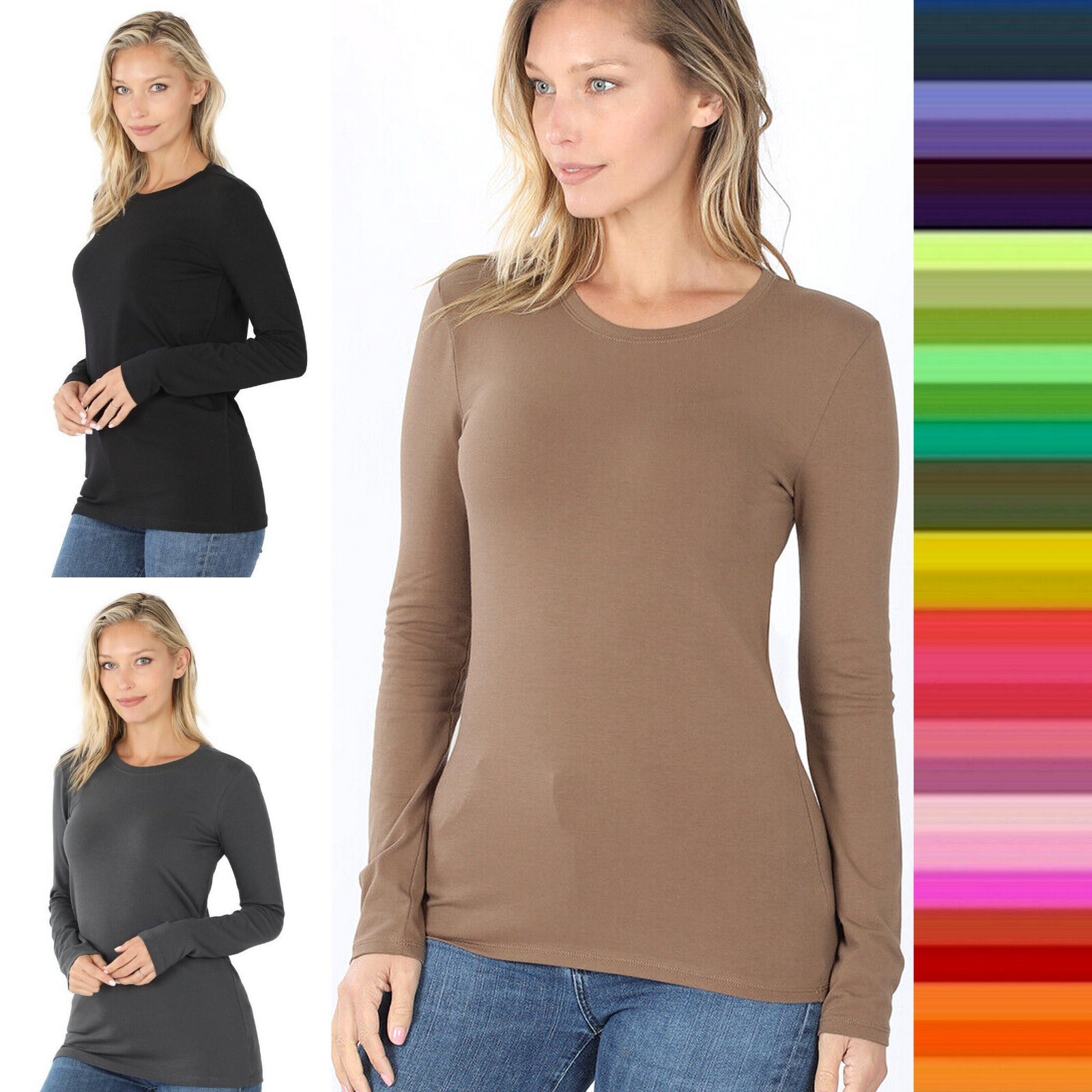 Women's Crew Round Neck Long Sleeve T-Shirt Stretch Soft Cotton Basic Plain Top