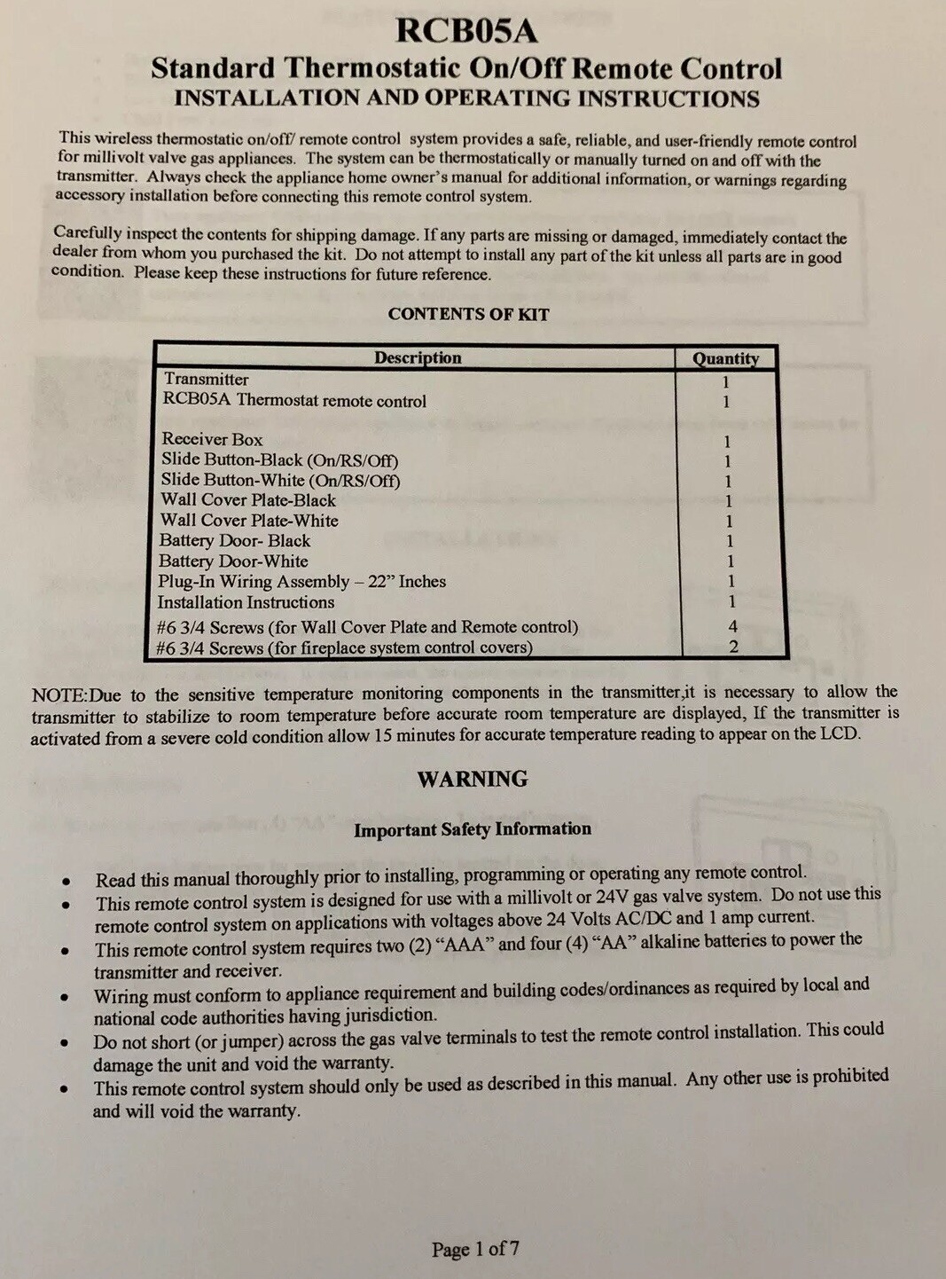 Fireplace Thermostatic Remote Control Kit, Skytech Compatible, W/Batteries, New