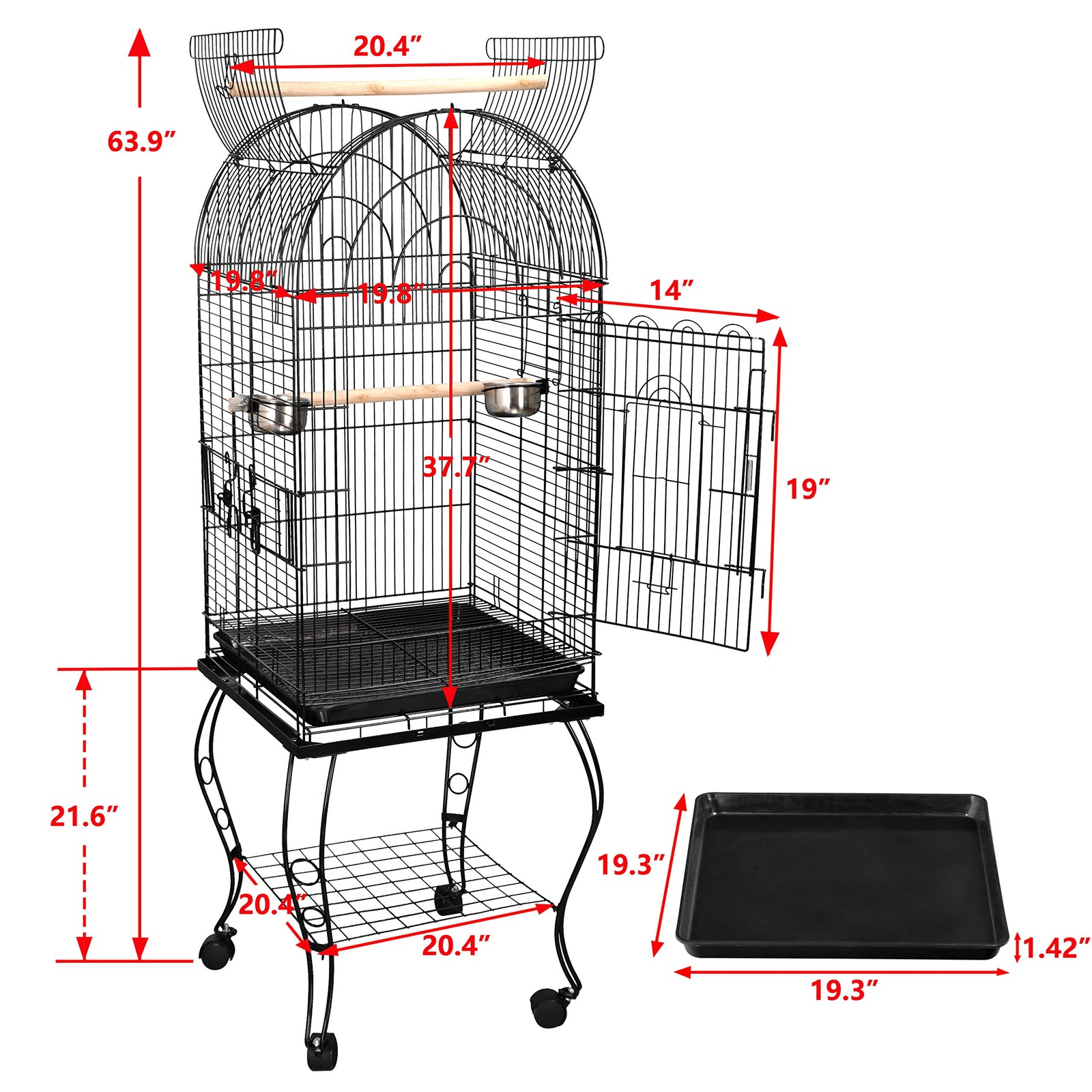 63.5 Inch Open-Top Wrought Iron Bird Cage with Slide-Out Tray and Rolling Stand