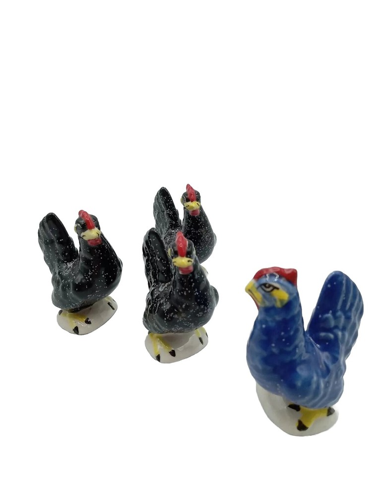 CHICKENS 3 BLACK 1 BLUE MINITURES CERAMIC 4 PC. SET